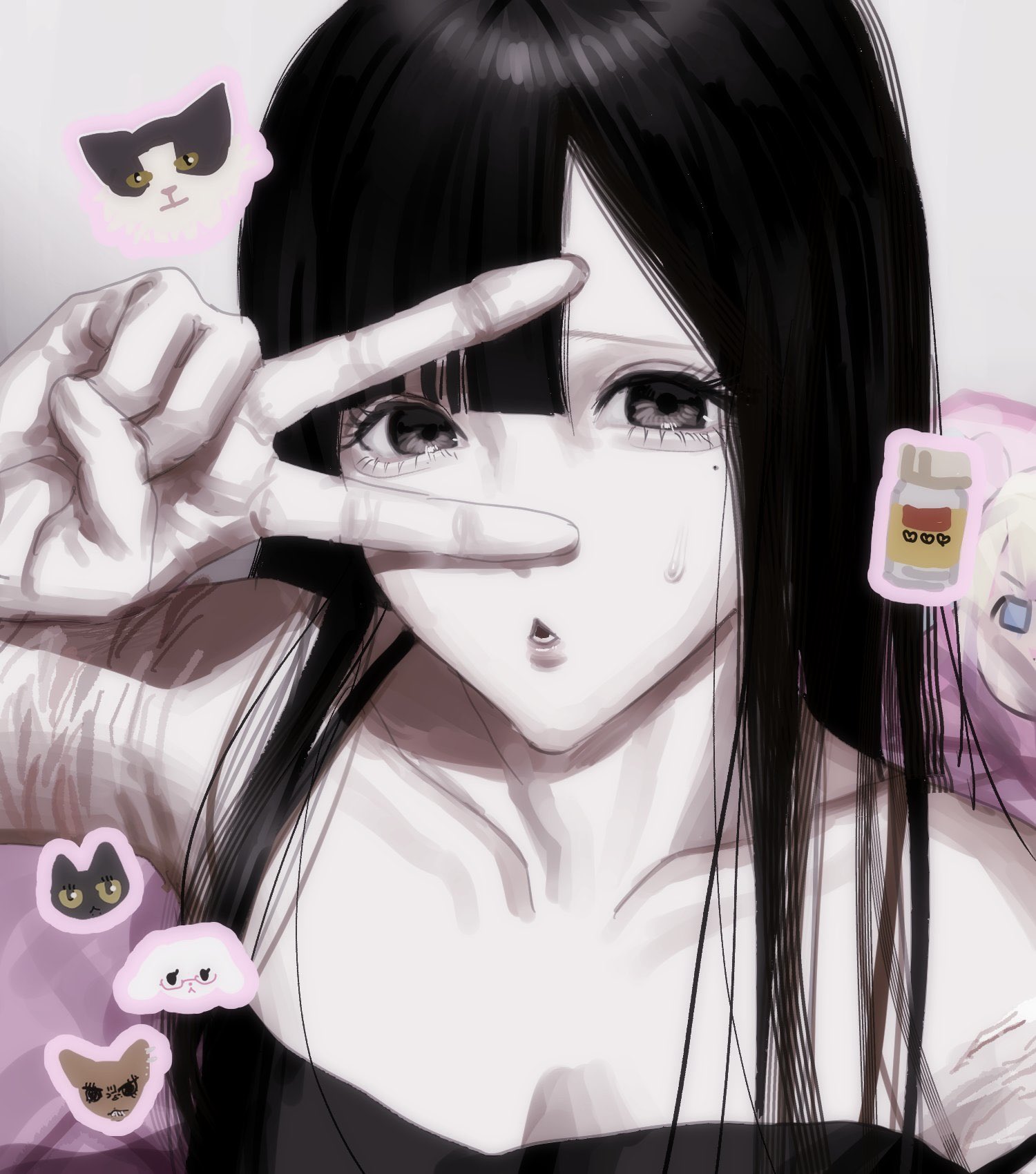 chouzetsusaikawa tenshi-chan, needy girl overdose, original, highres, 1girl, :o, aegyo sal, black dress, black eyes, black hair, blunt bangs, breasts, chibi, chibi inset, cleavage, dress, drugs, hair over shoulder, long hair, looking at viewer, mlepq, scar, scar on arm, self-harm scar, solo, v, v over eye, wrist cutting