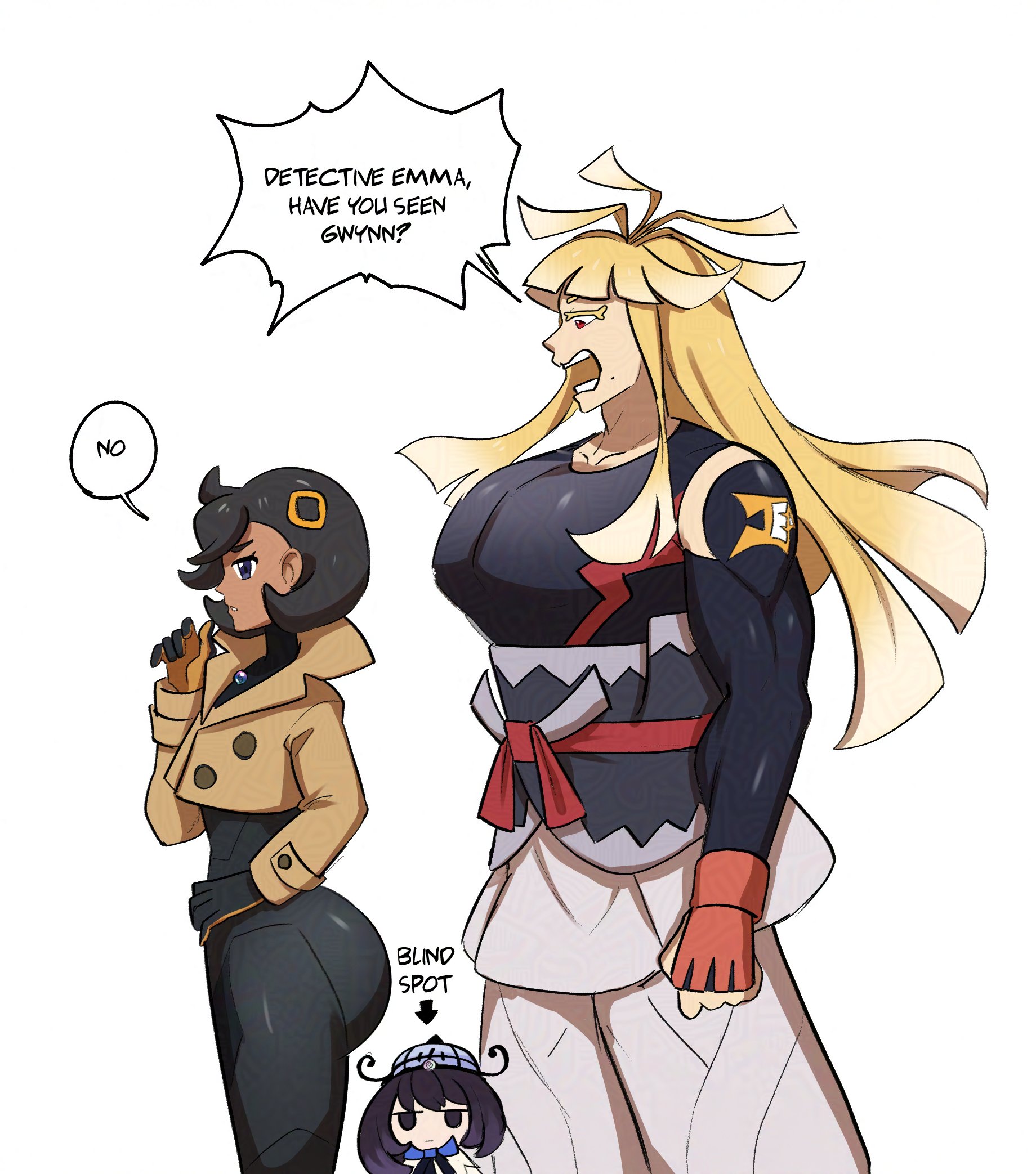 rhymewithray, emma (pokemon), gwynn (pokemon), ivor (pokemon), nintendo, pokemon, pokemon legends: z-a, highres, 1boy, 2girls, black bodysuit, black hair, blind spot (meme), blonde hair, blunt bangs, bob cut, bodysuit, bodysuit under clothes, breasts, brother and sister, brown jacket, dark-skinned female, dark skin, fingerless gloves, gloves, hair ornament, hat, jacket, latex, latex bodysuit, long hair, mega stone, meme, mole, mole under mouth, multiple girls, open mouth, orange gloves, partially fingerless gloves, purple eyes, purple hair, shirt, short hair, siblings, simple background, two-tone belt, two-tone gloves