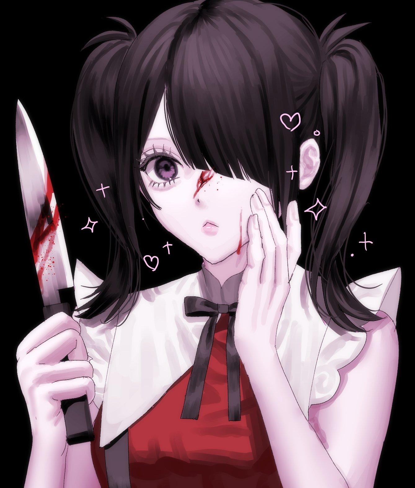 ame-chan (needy girl overdose), needy girl overdose, highres, 1girl, aegyo sal, black hair, blood, blood on face, blood splatter, bloody knife, diagonal bangs, hair over one eye, hand on own face, holding, holding knife, knife, looking at viewer, mlepq, neck ribbon, pout, purple eyes, red shirt, ribbon, shirt, short twintails, solo, suspenders, twintails, upper body, winged sleeves