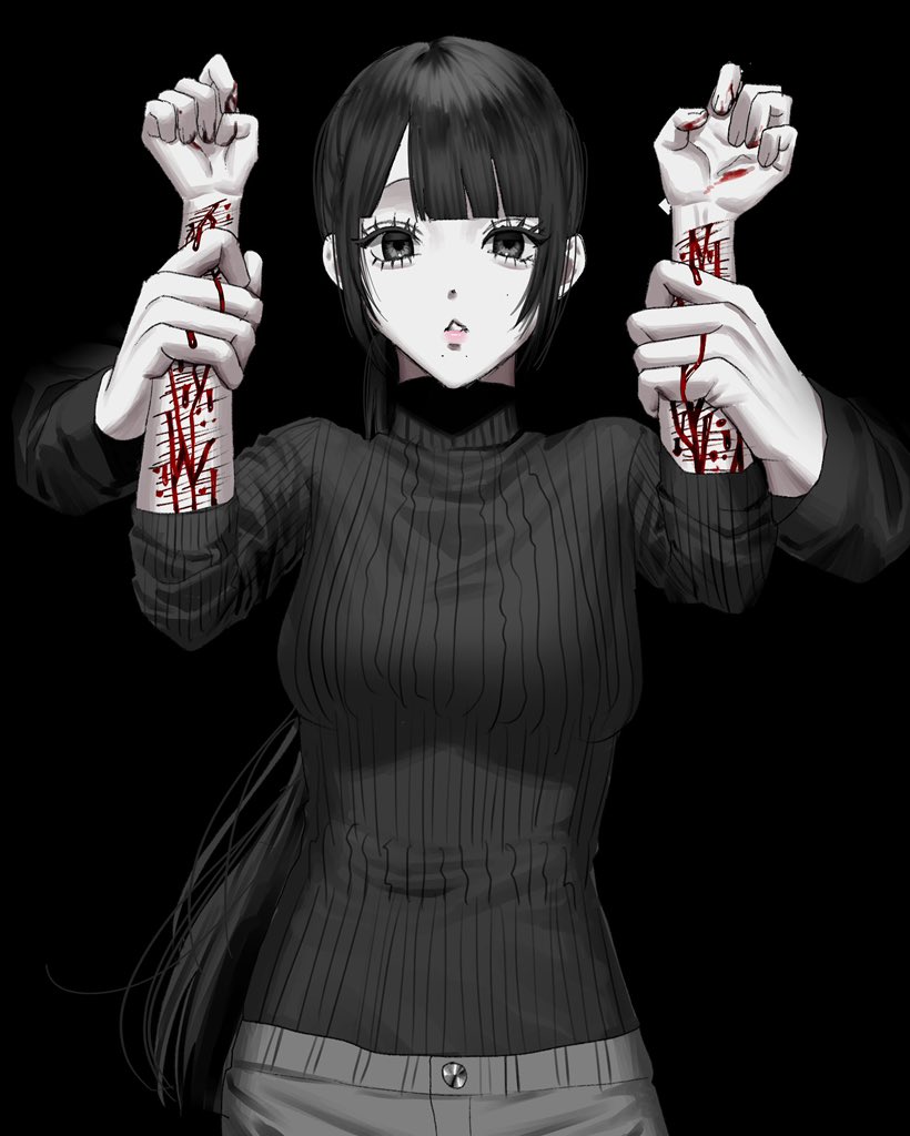 original, 1girl, 1other, aegyo sal, black eyes, black hair, bleeding, blood, blunt bangs, breasts, cowboy shot, grabbing another's arm, hands up, long hair, looking at viewer, mlepq, out of frame, self-harm, sidelocks, sleeves rolled up, striped clothes, striped sweater, sweater, turtleneck, turtleneck sweater, wrist cutting