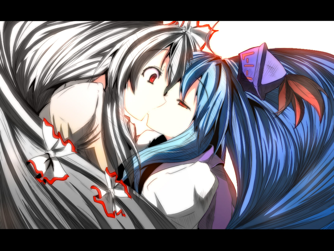 sukage, to-hou eiyasyou, fujiwara no mokou, kamishirasawa keine, touhou, silver hair, colorized, 2girls, blue hair, bow, female focus, hair ribbon, half-closed eyes, hat, kiss, letterboxed, long hair, multiple girls, red eyes, ribbon, yuri