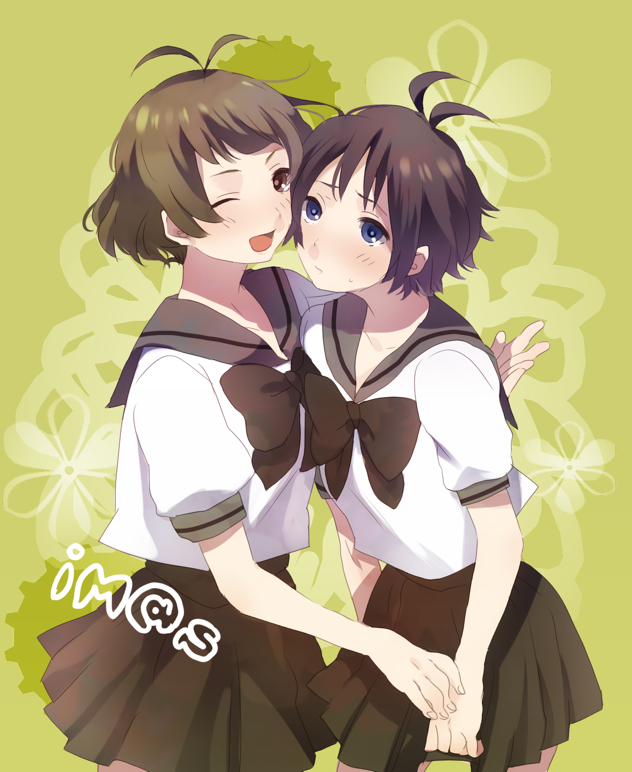 minari (crossing), akizuki ryo, kikuchi makoto, idolmaster, idolmaster (classic), idolmaster dearly stars, bad id, bad pixiv id, highres, 00s, 1boy, 1girl, antenna hair, black hair, blue eyes, brown eyes, brown hair, crossdressing, school uniform, serafuku, short hair, trap