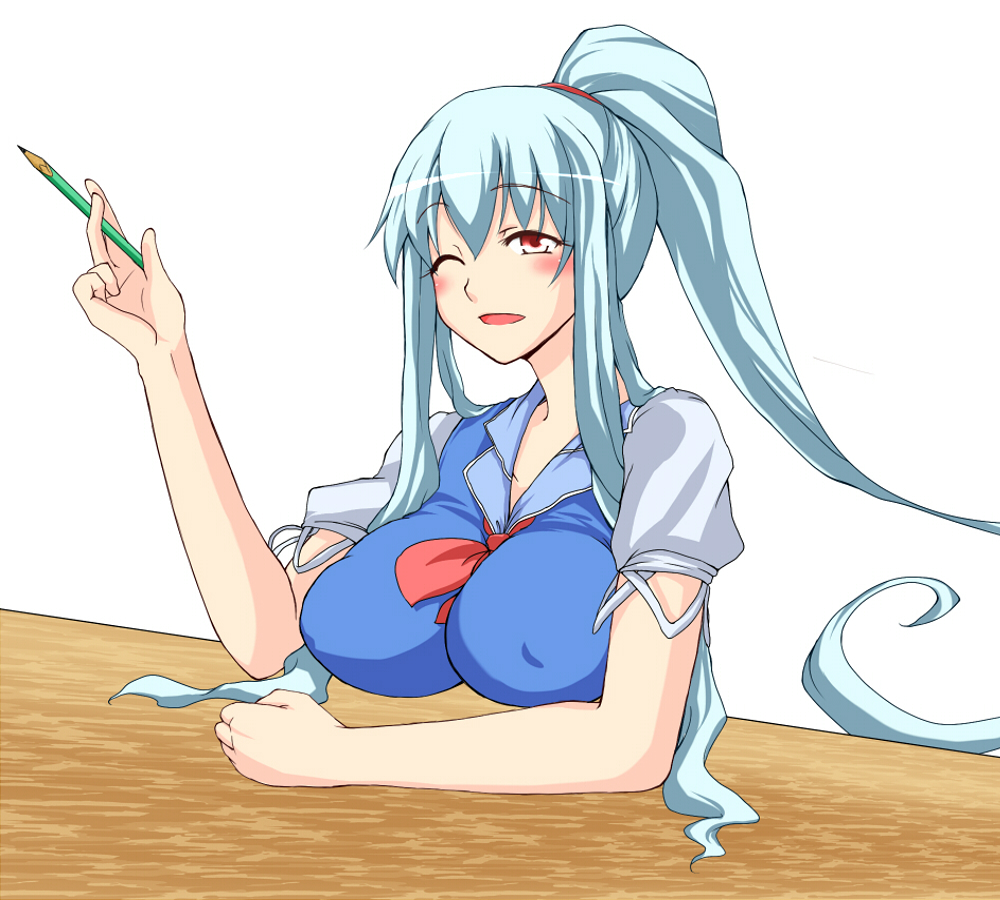 yamane akira, kamishirasawa keine, touhou, bad id, bad pixiv id, 1girl, alternate hairstyle, arm up, ascot, between breasts, blue hair, blush, breast rest, breasts, cleavage, covered erect nipples, desk, female focus, hairband, impossible clothes, impossible shirt, large breasts, long hair, one eye closed, open mouth, orange eyes, pencil, ponytail, shirt, short sleeves, simple background, solo, v-neck, very long hair, white background, wink, wooden pencil