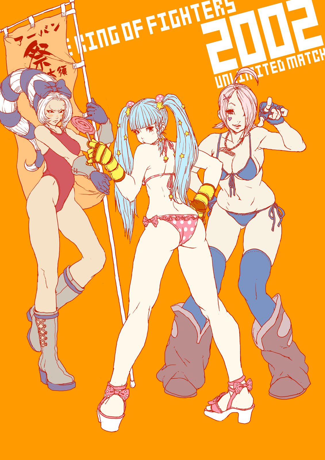 daichan mona, angel (kof), foxy (kof), kula diamond, snk, the king of fighters, the king of fighters 2002, platform footwear, highres, 3girls, ahoge, ass, back, bikini, blue hair, blush, boots, bow, candy, chain, curvy, food, hair over one eye, hand on own hip, heart, jewelry, knee boots, lollipop, long hair, looking back, multiple girls, necklace, one-piece swimsuit, pink hair, platform heels, plump, sandals, scrunchie, side-tie bikini bottom, star (symbol), swimsuit, swirl lollipop, thighhighs, twintails, very long hair, white hair