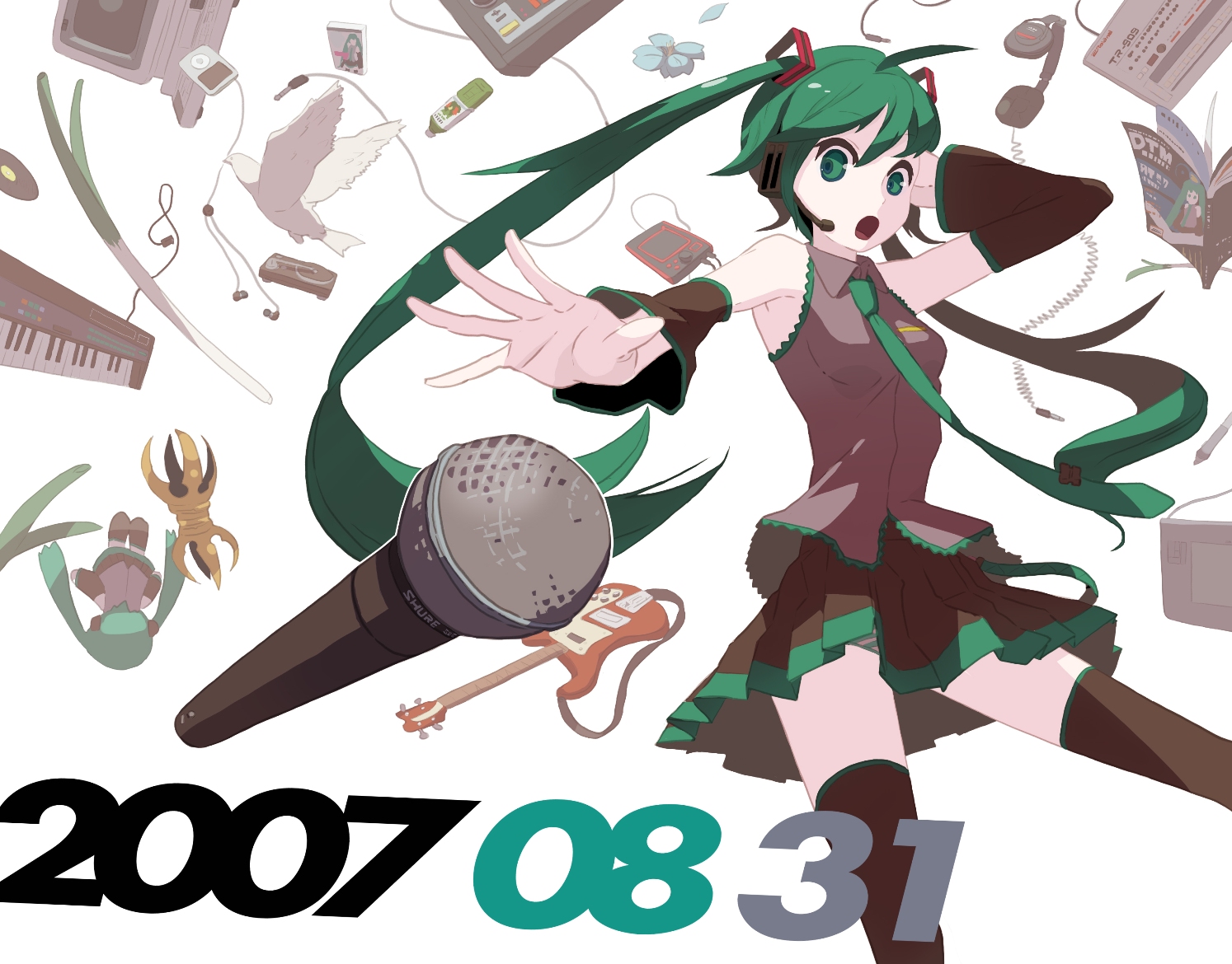 tomioka jirou, hatsune miku, vocaloid, bad id, bad pixiv id, 1girl, ahoge, aqua eyes, aqua hair, bass guitar, bird, bottle, cd, computer, detached sleeves, female focus, flower, headphones, headset, instrument, ipod, ipod nano, ipod nano 3g, keyboard, keyboard (instrument), long hair, magazine (object), microphone, mp3 player, necktie, petals, skirt, solo, spring onion, thighhighs, twintails, very long hair, zettai ryouiki