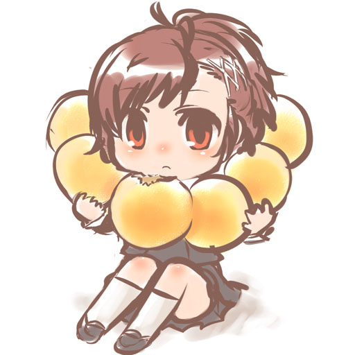 cruithne, shiomi kotone, atlus, persona, persona 3, persona 3 portable, bad id, bad pixiv id, brown hair, eating, food, hair ornament, hairclip, red eyes, school uniform, short hair, skirt, solo