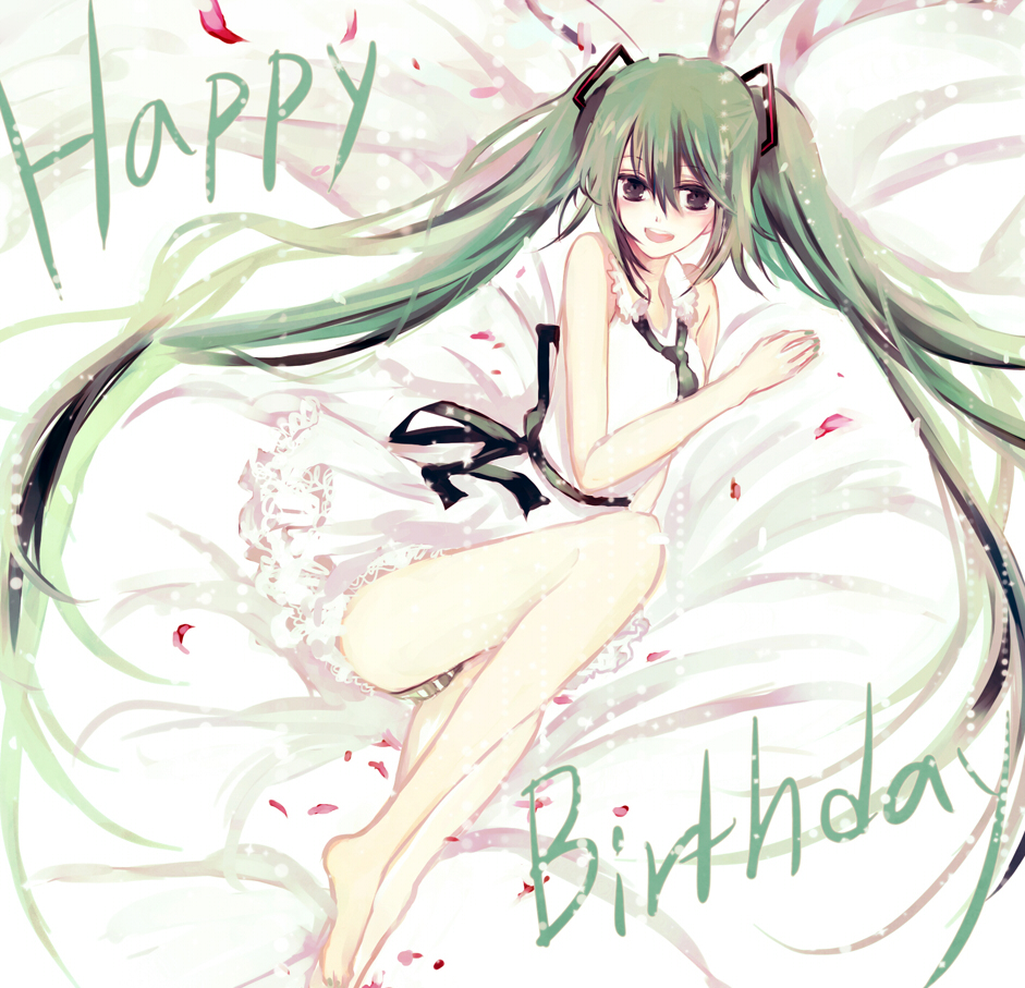 ham (eikasiahhh), hatsune miku, vocaloid, bad id, bad pixiv id, 1girl, aqua hair, barefoot, dress, female focus, food, ham, long hair, lying, panties, petals, smile, solo, striped clothes, striped panties, twintails, underwear, very long hair, white dress