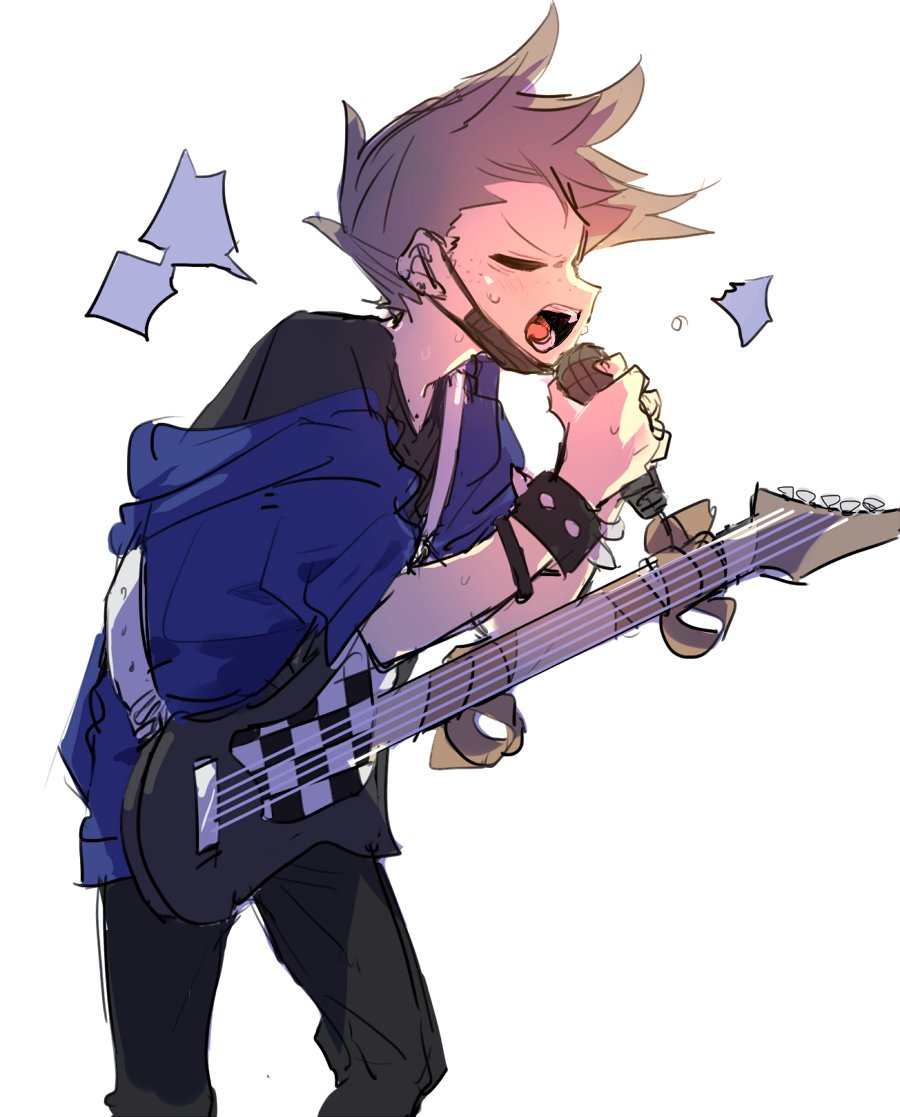 nana (ebitokanimiso), tom (eddsworld), eddsworld, bad id, bad twitter id, inactive account, painttool sai (medium), 1boy, animification, bass guitar, black pants, black shirt, blue hoodie, bracelet, brown hair, from side, holding, holding bass guitar, holding instrument, holding microphone, hollow eyes, hood, hood down, hoodie, instrument, jewelry, male focus, mask, microphone, mouth mask, music, open clothes, open hoodie, open mouth, pants, playing instrument, profile, shirt, simple background, singing, sketch, solo, spiked bracelet, spiked hair, spikes, white background