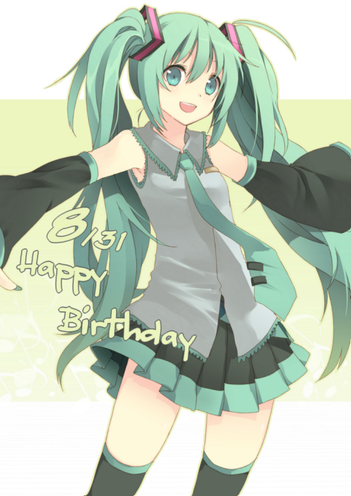 hijiri (resetter), hiz (pixiv), hatsune miku, vocaloid, bad id, bad pixiv id, 1girl, aqua eyes, aqua hair, detached sleeves, female focus, happy birthday, long hair, skirt, smile, solo, thighhighs, twintails, zettai ryouiki