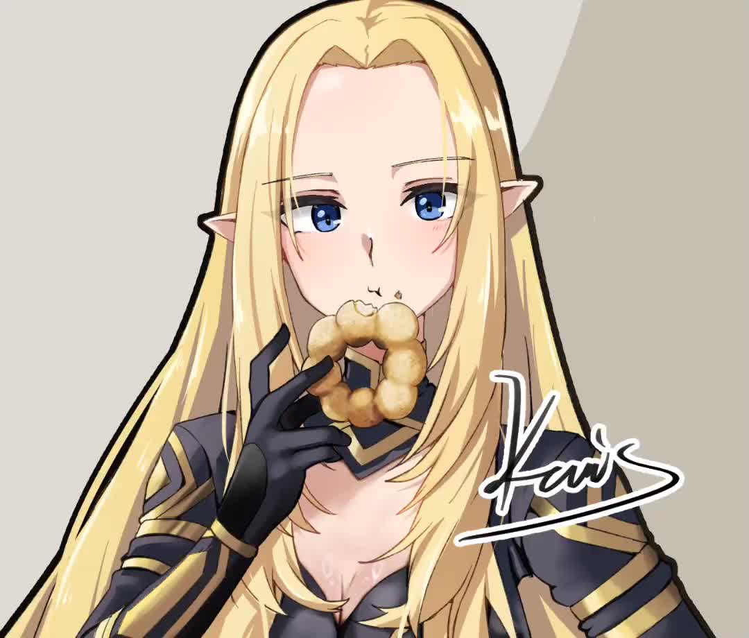 alpha (kagejitsu), kage no jitsuryokusha ni naritakute!, animated, tagme, video, 1girl, blonde hair, blue eyes, breasts, cleavage, eating, long hair