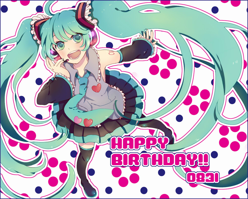 ichiya, hatsune miku, vocaloid, bad id, bad pixiv id, 1girl, aqua eyes, aqua hair, detached sleeves, female focus, full body, headphones, headset, long hair, necktie, open mouth, skirt, smile, solo, thighhighs, twintails, very long hair, zettai ryouiki