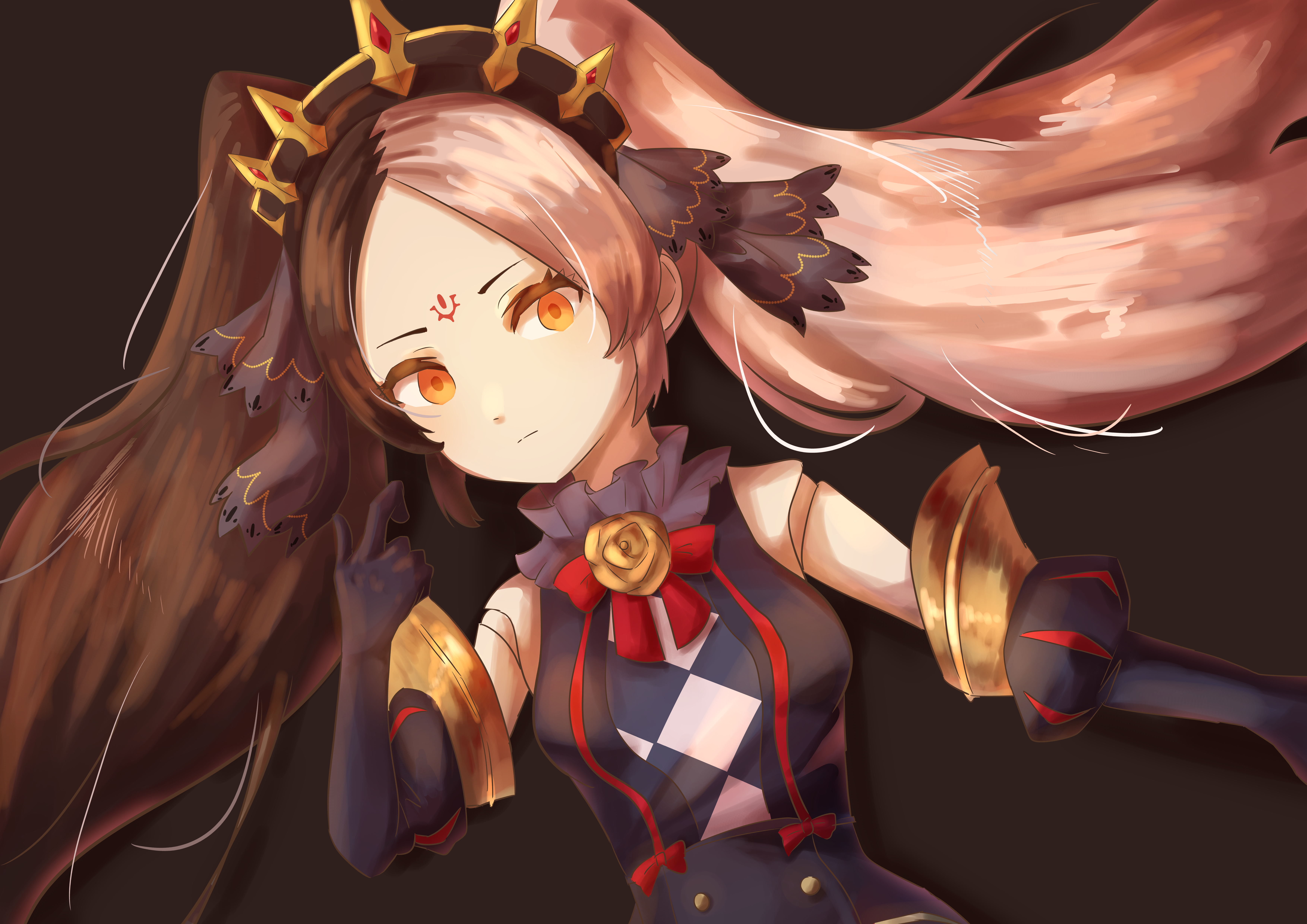 chaos dorloto (grimms notes), grimms notes, 1girl, black hair, breasts, closed mouth, doll joints, joints, looking at viewer, multicolored hair, pink hair, red eyes, solo, split-color hair, twintails, upper body, user tzfx4234