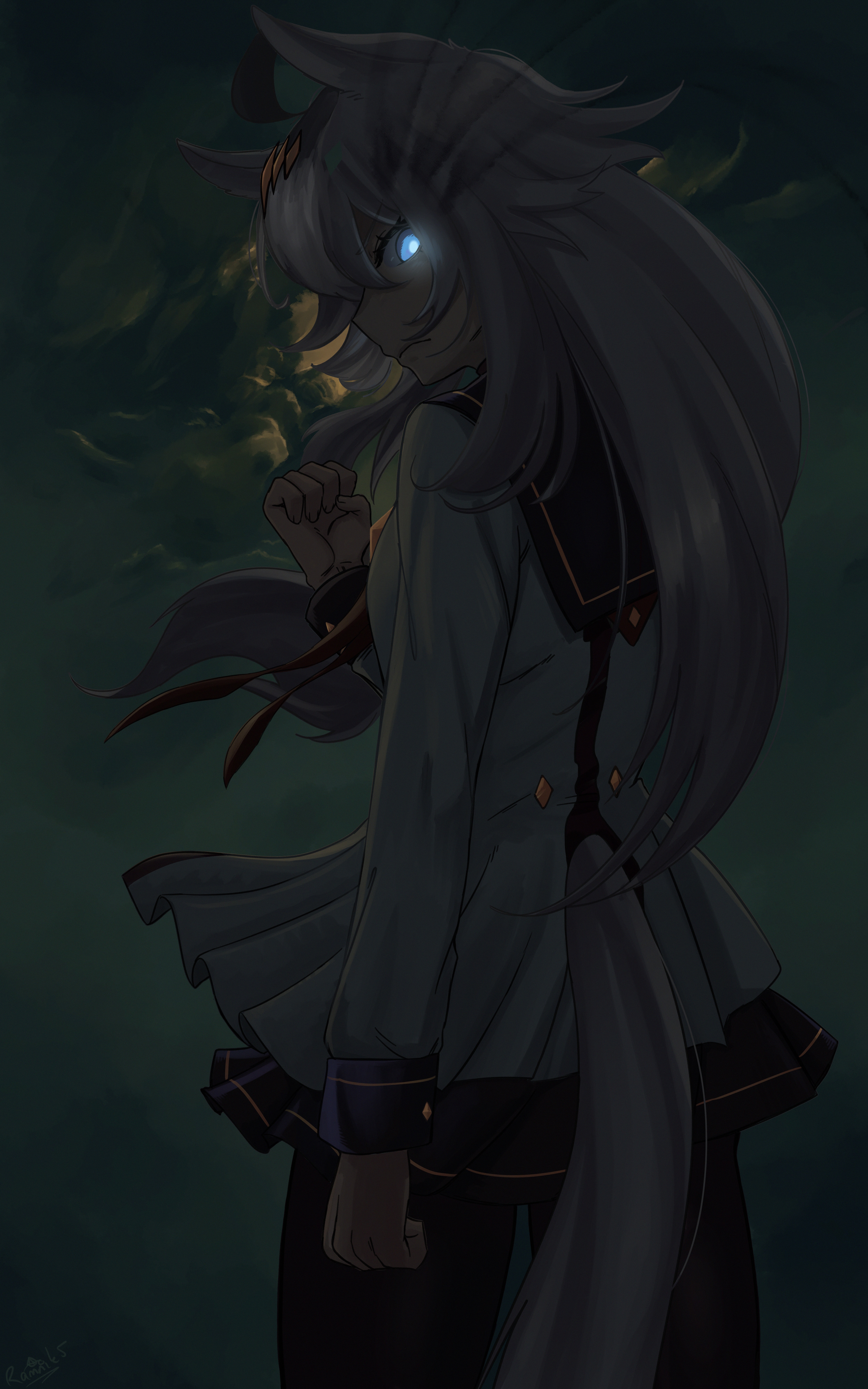 ramnik5, oguri cap (starlight beat) (umamusume), oguri cap (umamusume), umamusume, absurdres, highres, 1girl, ahoge, animal ears, black leggings, blue eyes, blue sailor collar, blue skirt, brooch, clenched hand, closed mouth, from behind, frown, glowing, glowing eyes, grey hair, grey tail, hair between eyes, hair ornament, hairband, horse ears, horse girl, horse tail, jacket, jewelry, leggings, long hair, long sleeves, looking at viewer, looking back, multicolored hair, neckerchief, pleated skirt, red neckerchief, sailor collar, shirt, skirt, solo, star brooch, tail, white jacket, white shirt