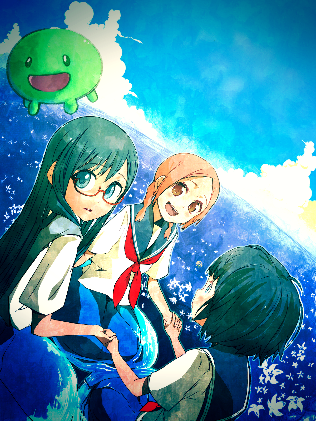 iku ki, manjoume fumi, okudaira akira, oono haruka, aoi hana, bad id, bad pixiv id, highres, 00s, blush, braid, brown eyes, brown hair, field, glasses, green hair, happy, holding hands, kneeling, long hair, looking back, school uniform, short hair, twin braids