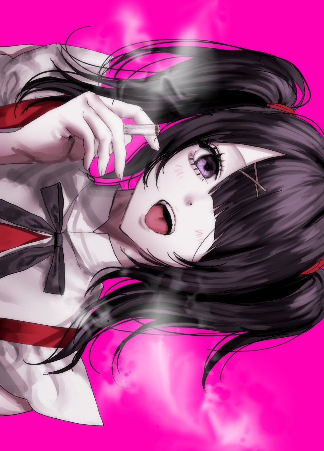ame-chan (needy girl overdose), needy girl overdose, highres, 1girl, cigarette, diagonal bangs, hair ornament, hair over one eye, head tilt, holding, holding cigarette, looking at viewer, mlepq, neck ribbon, purple eyes, red shirt, ribbon, shirt, short twintails, sideways, smoke, smoke trail, solo, suspenders, tongue, tongue out, twintails, upper body, winged sleeves, x hair ornament