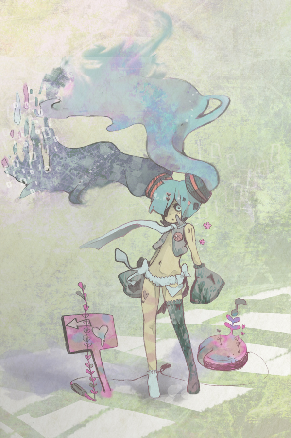 chisuke, hatsune miku, vocaloid, 1girl, aqua eyes, aqua hair, asymmetrical clothes, detached sleeves, female focus, hair over one eye, heart, long hair, single thighhigh, solo, thighhighs, twintails, very long hair