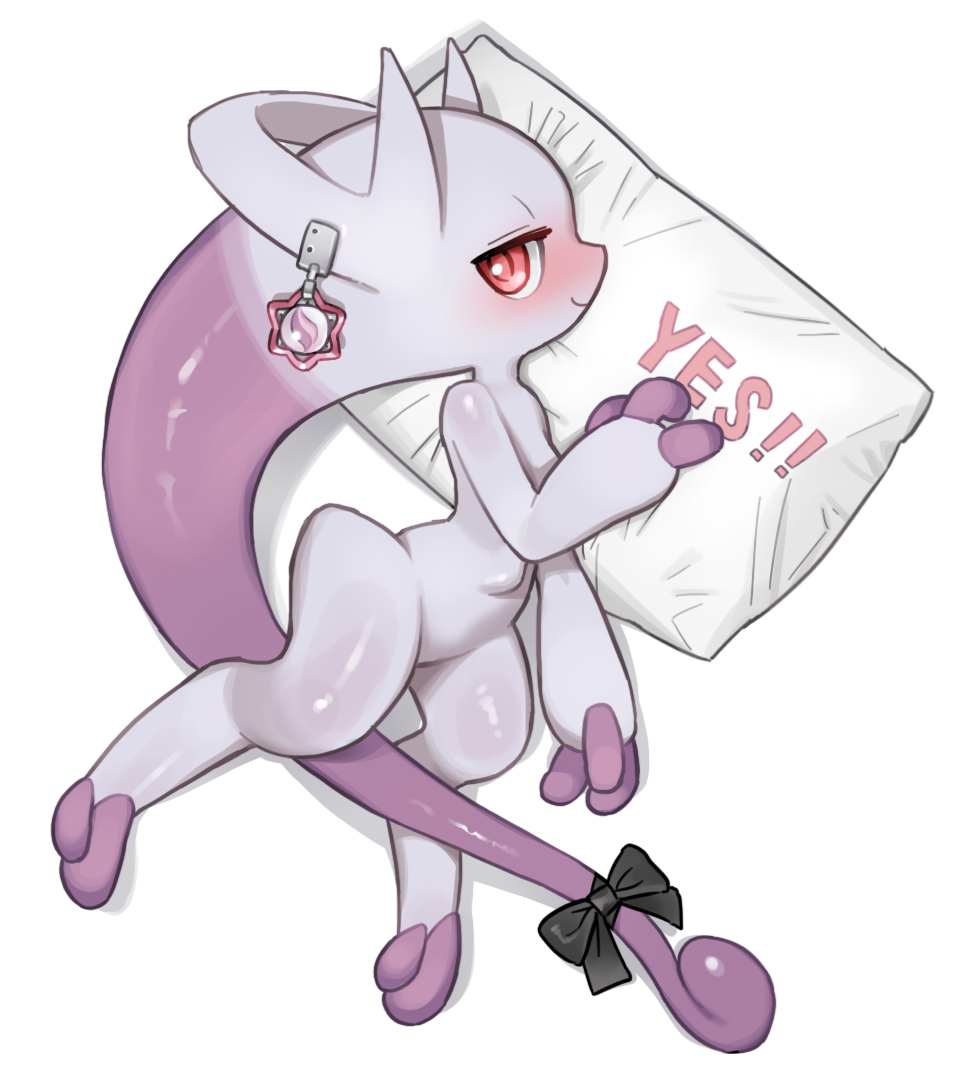 tosx, mega mewtwo y, mewtwo, nintendo, pokemon, black bow, bow, colored skin, gen 1 pokemon, head tail, legendary pokemon, mega pokemon, no humans, pokemon (creature), purple skin, red eyes, simple background, solo, tail, tail bow, tail ornament, white background, yes-no pillow