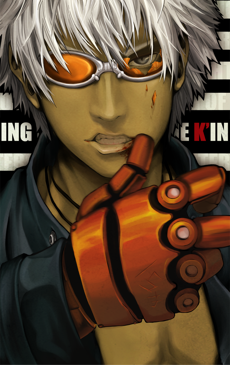 k' (kof), snk, the king of fighters, silver hair, artist request, highres, 1boy, broken, gloves, grey eyes, male focus, solo, sunglasses, tan