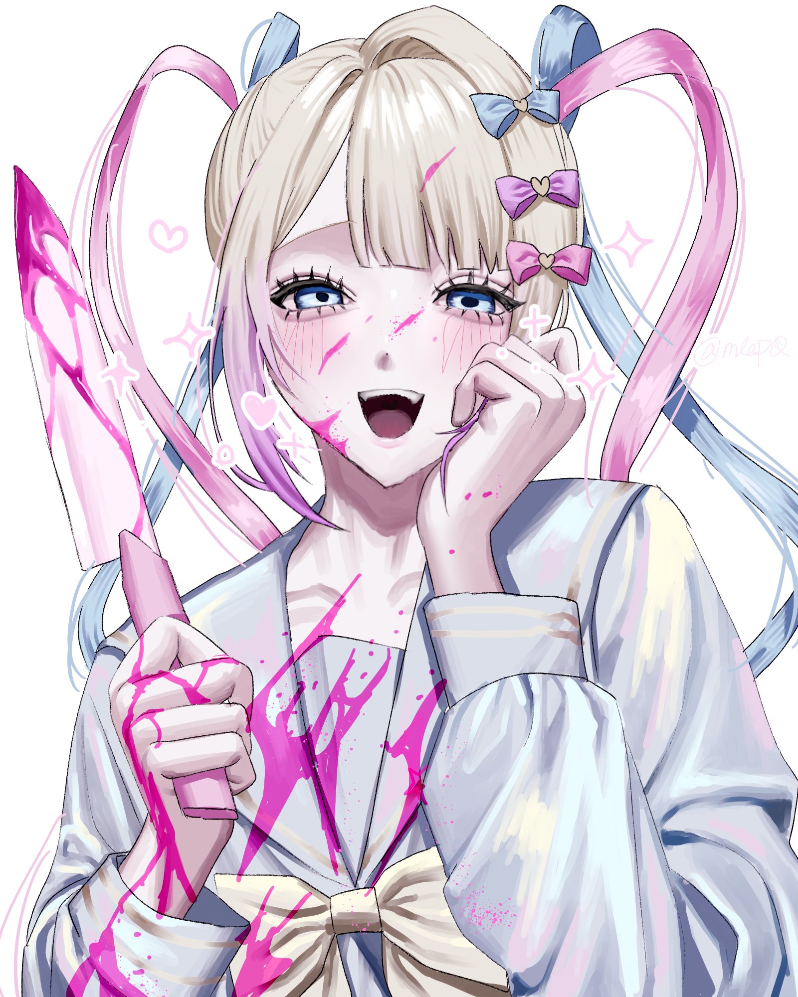 chouzetsusaikawa tenshi-chan, needy girl overdose, highres, 1girl, :d, aegyo sal, blonde hair, blood, blood on clothes, blood on face, blood splatter, bloody knife, blue eyes, blue hair, blue sailor collar, blue shirt, blunt bangs, blush, bow, chest bow, colored tips, grin, hair bow, holding, holding knife, knife, looking at viewer, mlepq, multicolored hair, multiple hair bows, open mouth, pink hair, quad tails, sailor collar, shirt, sidelocks, smile, solo, upper body