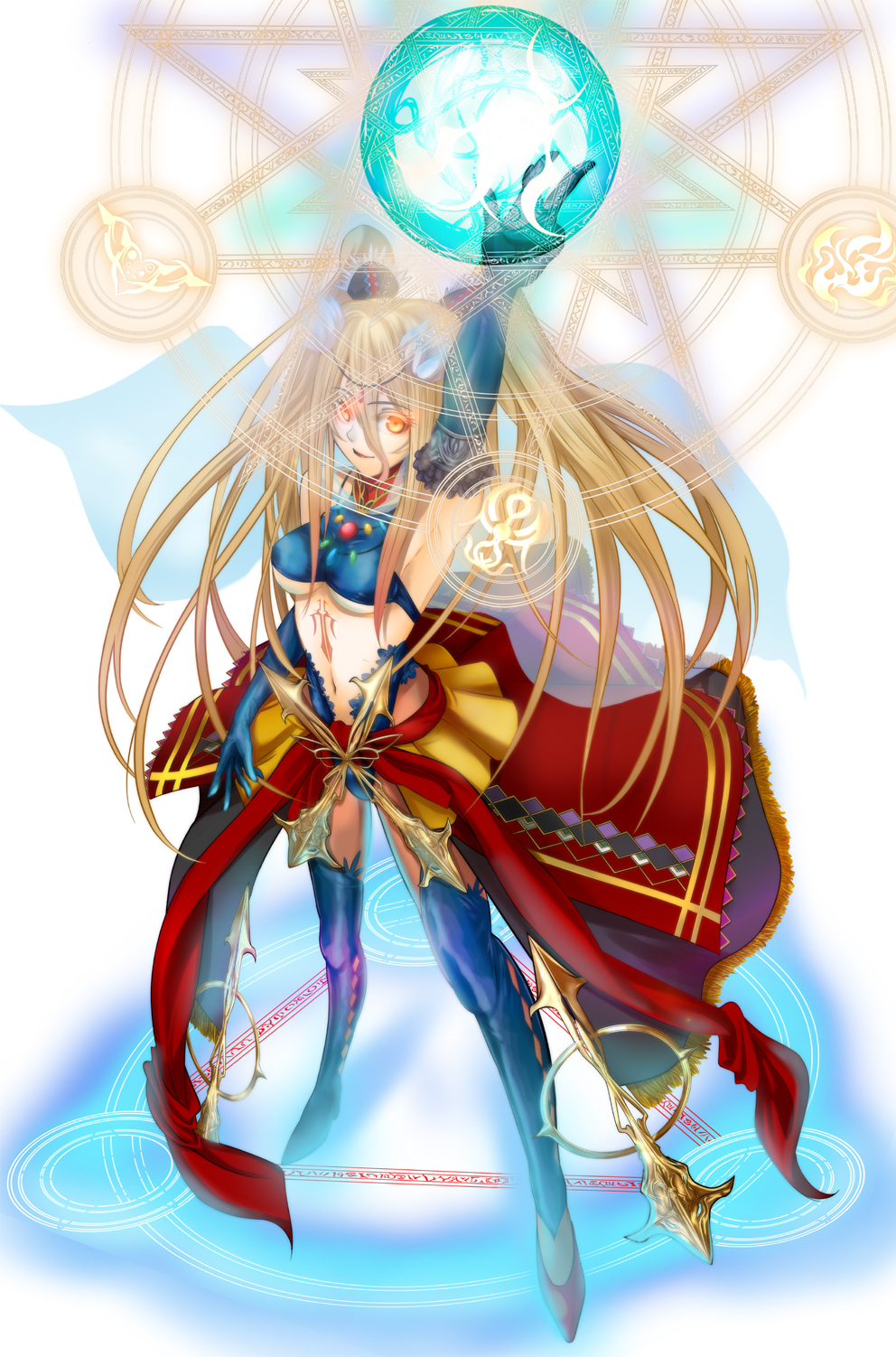 yuunagi (seventh heaven), original, bad id, bad pixiv id, highres, 1girl, armpits, blonde hair, breasts, elbow gloves, female focus, gloves, long hair, magic, magic circle, medium breasts, midriff, orange eyes, solo, tattoo, thighhighs, twintails, underboob