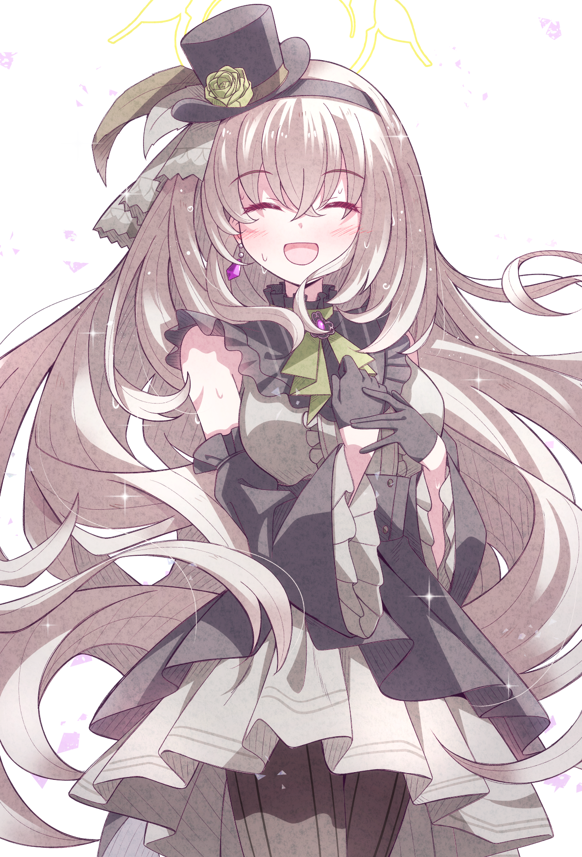 karikura (atatata71), sakurako (blue archive), sakurako (idol) (blue archive), blue archive, highres, 1girl, ascot, black gloves, black hat, black headband, black overskirt, breasts, closed eyes, crossed bangs, detached sleeves, earrings, flower, gloves, green ascot, green flower, green rose, grey hair, hair between eyes, halo, hat, hat flower, headband, idol clothes, jewelry, large breasts, long hair, mini hat, mini top hat, official alternate costume, open mouth, rose, smile, solo, top hat, very long hair, yellow halo