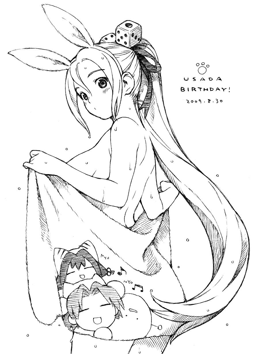 yug (ekaki), usada hikaru, di gi charat, highres, traditional media, 1girl, animal ears, ass, back, blush, breasts, female focus, greyscale, large breasts, long hair, looking back, monochrome, nude, open towel, ponytail, rabbit ears, solo, towel, wet