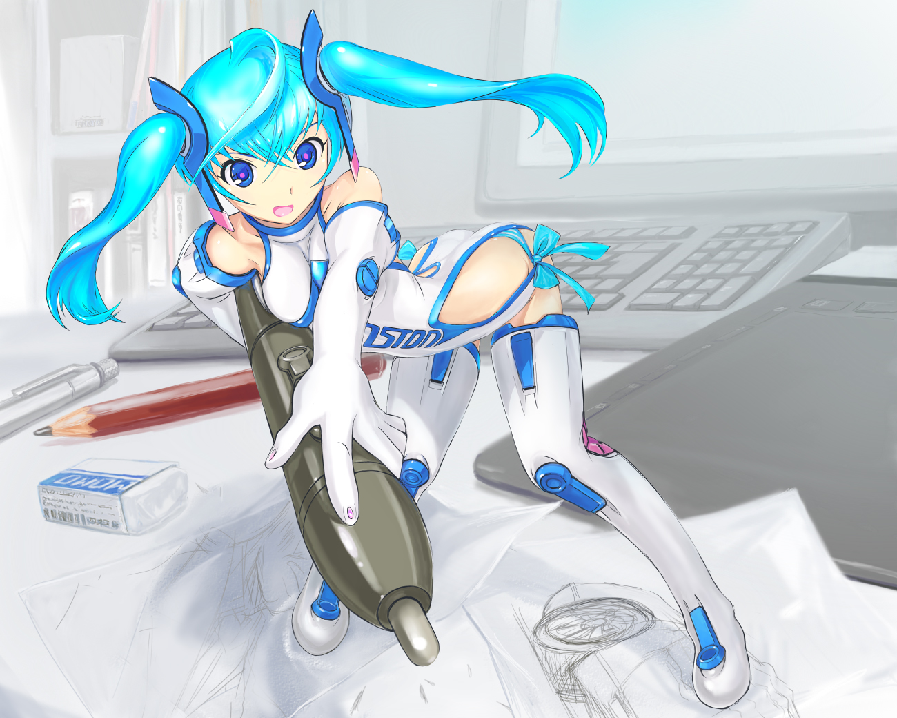 shikkaku, wacom, 1girl, aqua hair, bikini, blue eyes, drawing tablet, elbow gloves, female focus, gloves, long hair, mini person, minigirl, open mouth, oversized object, pen, pencil, side-tie bikini bottom, solo, stylus, swimsuit, twintails