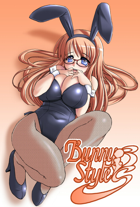 tonpuu, log-mi (tonpuu), original, 1girl, animal ears, blue eyes, blush, breasts, brown hair, cleavage, fake animal ears, female focus, fishnet pantyhose, fishnets, full body, glasses, gradient background, hand to own mouth, high heels, huge breasts, long hair, lying, orange theme, pantyhose, playboy bunny, pumps, rabbit ears, solo