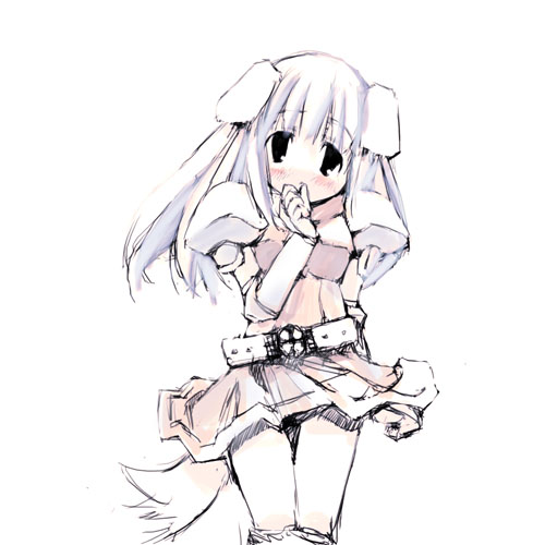 ganges gawa, lord knight (ragnarok online), ragnarok online, bad id, lowres, 1girl, animal ears, armor, belt, black eyes, blush, cowboy shot, dog ears, dog girl, dog tail, dress, floppy ears, grey hair, hand up, long hair, looking at viewer, pauldrons, pink dress, shoulder armor, simple background, solo, tail, white background, white belt