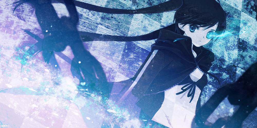 chris4708, chris (pixiv414148), black rock shooter (character), black rock shooter, bad id, bad pixiv id, 10s, 1girl, bikini, bikini top only, black hair, blue eyes, female focus, glowing, glowing eyes, jacket, long hair, midriff, navel, pale skin, scar, solo, swimsuit, twintails, very long hair