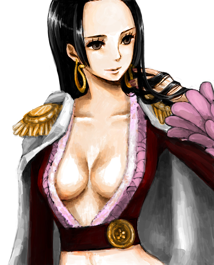 maikama, boa hancock, one piece, bad id, bad pixiv id, 1girl, amazon lily, amazon warrior, black hair, breasts, brown eyes, cape, cleavage, earrings, epaulettes, female focus, jewelry, long sleeves, medium breasts, solo