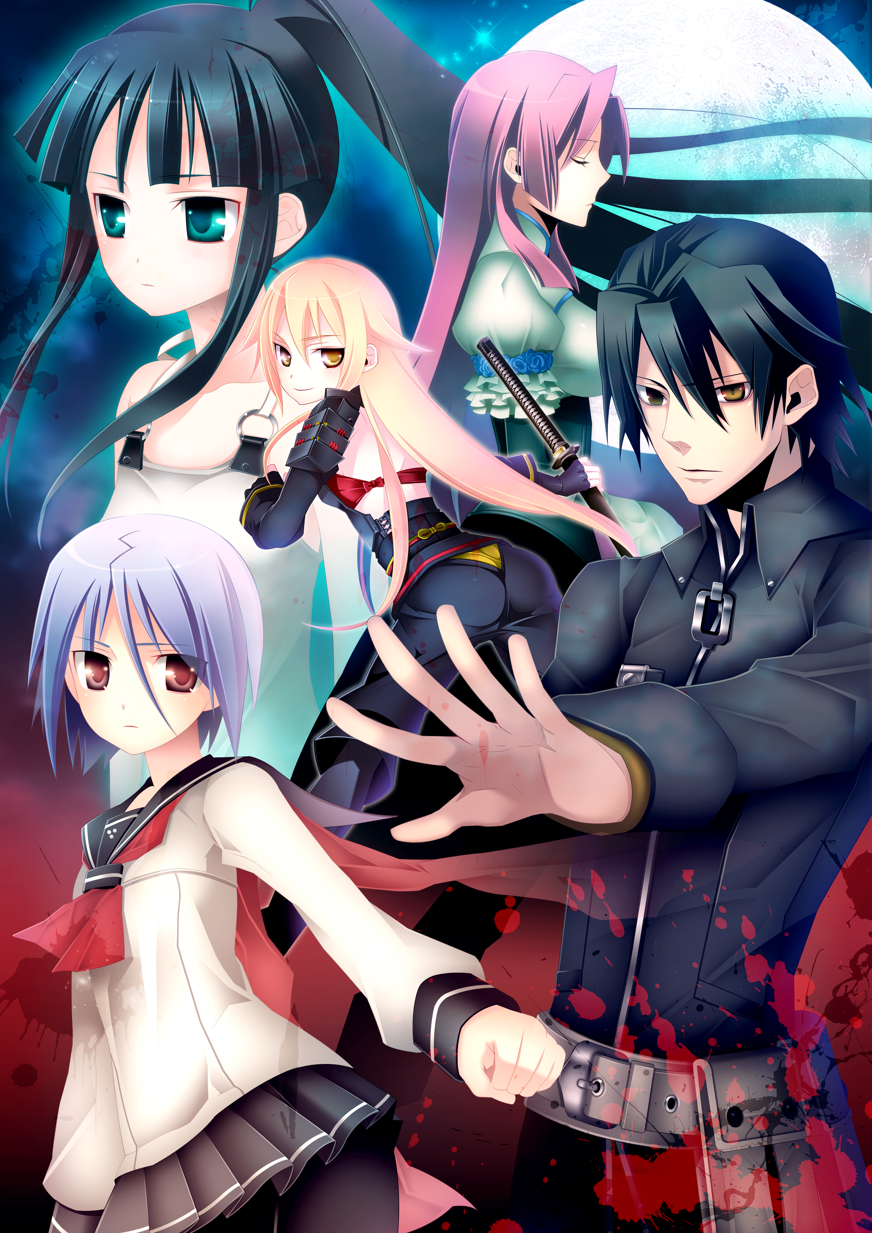 8055, ashikaga chachamaru, ayane ichijou, minato hikaru, minato kageaki, ootori kanae, ootori kanae (soukou akki muramasa), nitroplus, soukou akki muramasa, absurdres, highres, 4girls, aqua eyes, armor, ass, belt, black hair, blonde hair, blood, blue hair, clenched hand, closed eyes, heterochromia, long hair, moon, multiple girls, pantyhose, pink hair, pleated skirt, ponytail, red eyes, school uniform, serafuku, short hair, skirt, smile, sword, weapon, yellow eyes