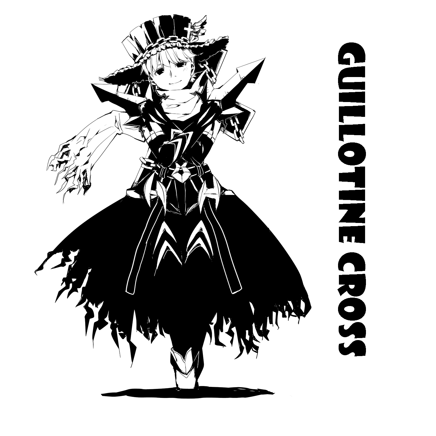 ganges gawa, guillotine cross (ragnarok online), ragnarok online, commentary request, highres, 1boy, cape, chain, closed mouth, cross, dagger, dual wielding, elbow gloves, full body, gloves, greyscale, hat, high contrast, holding, holding dagger, holding knife, holding weapon, jamadhar, knife, looking at viewer, male focus, monochrome, official alternate costume, pants, scarf, shirt, short hair, simple background, smile, solo, standing, top hat, torn cape, torn clothes, torn scarf, waist cape, weapon