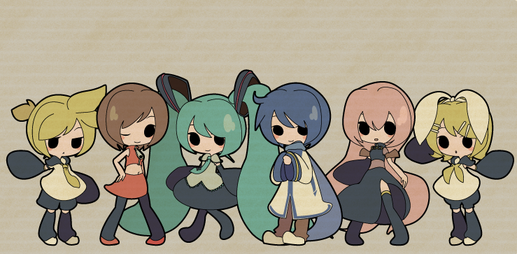 eruri, eruri (artist), hatsune miku, kagamine len, kagamine rin, kaito (vocaloid), megurine luka, meiko (vocaloid), vocaloid, bad id, bad pixiv id, 2boys, 4girls, aqua hair, blonde hair, blue hair, brown hair, chibi, detached sleeves, hair ornament, hair ribbon, hairclip, long hair, multiple boys, multiple girls, necktie, one eye closed, pantyhose, pink hair, ribbon, short hair, shorts, skirt, smile, thighhighs, twintails, wink