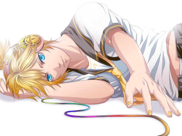 a=k, kagamine len, vocaloid, bad id, bad pixiv id, 1boy, blonde hair, blue eyes, foreshortening, headphones, lying, male focus, nail polish, necktie, on side, short hair, simple background, solo, yellow necktie