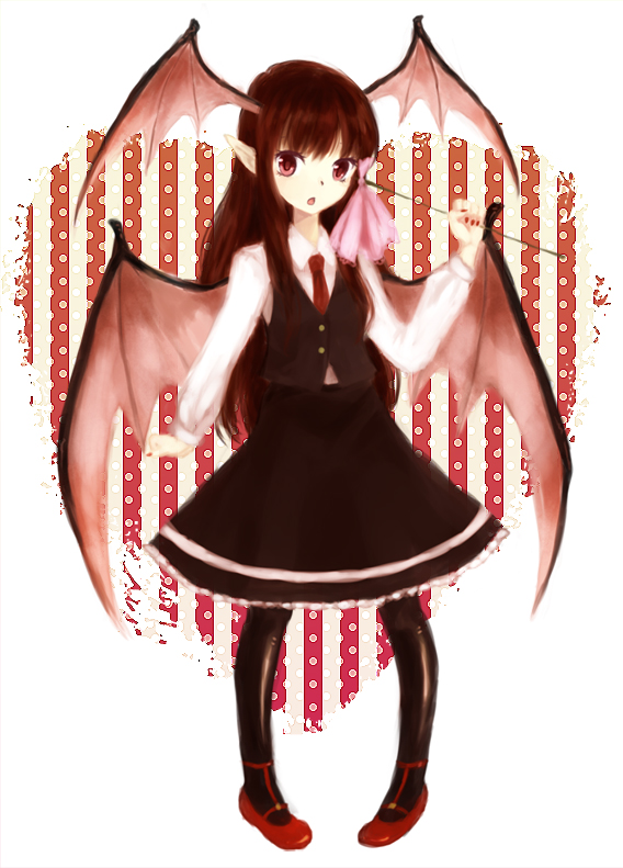 mozukuzu (manukedori), koakuma, embodiment of scarlet devil, touhou, bad id, bad pixiv id, 1girl, bat wings, female focus, full body, head wings, heart, long hair, pointy ears, red eyes, red hair, solo, standing, wand, white background, wings