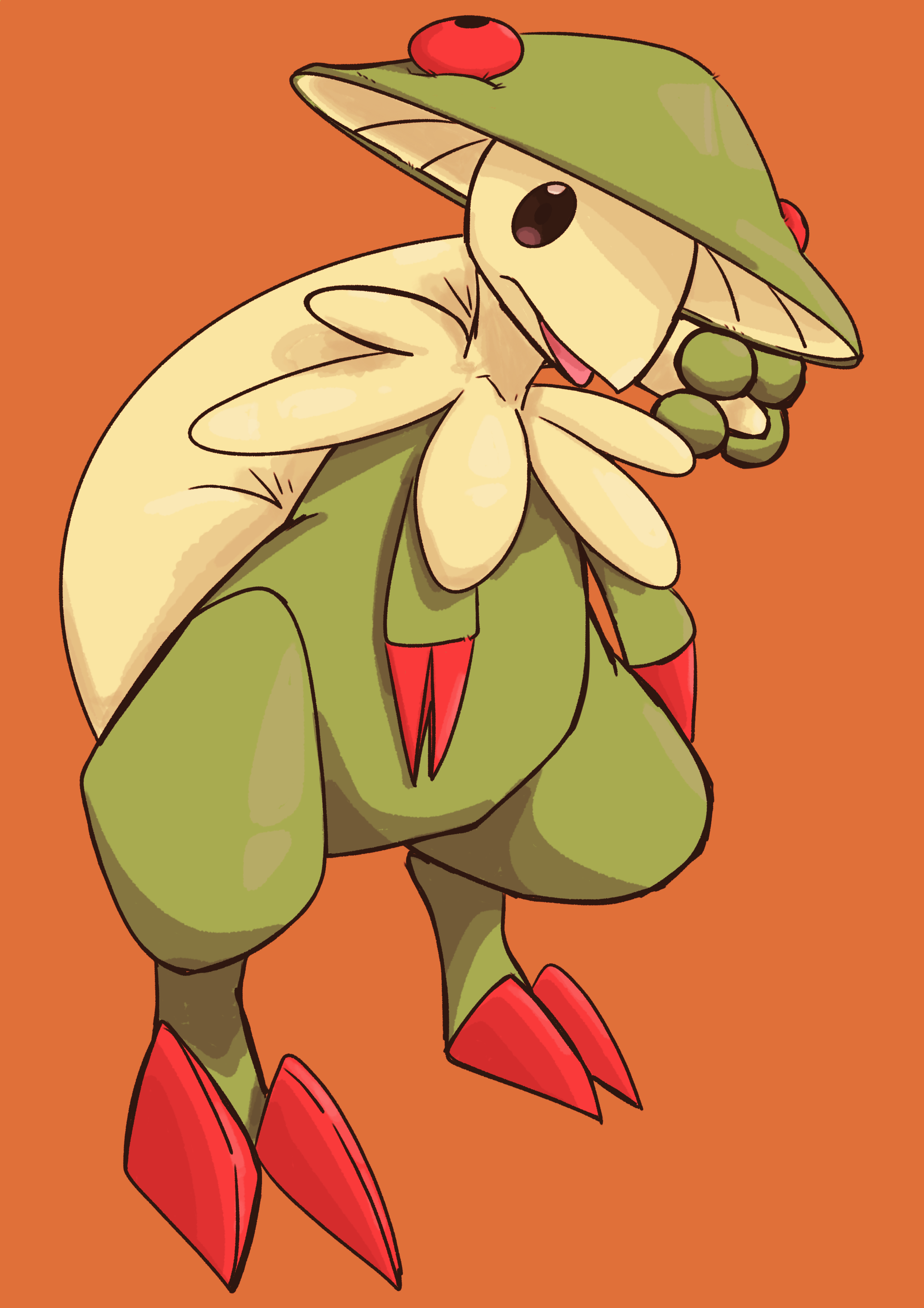 breloom, nintendo, pokemon, absurdres, highres, brown background, full body, gen 3 pokemon, lonewolf 0471, looking at viewer, no humans, pokemon (creature), simple background, solo, tail