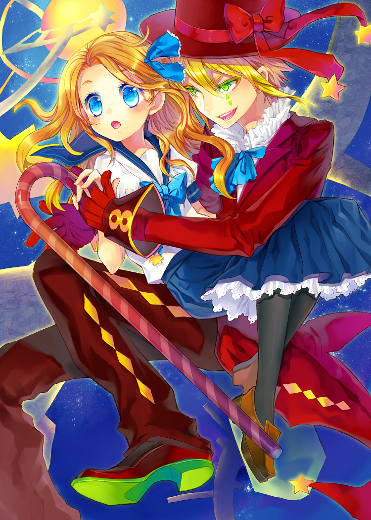 renta, renta (deja-vu), original, bad id, bad pixiv id, 1boy, 1girl, blonde hair, blue eyes, bow, green eyes, hat, long hair, pantyhose