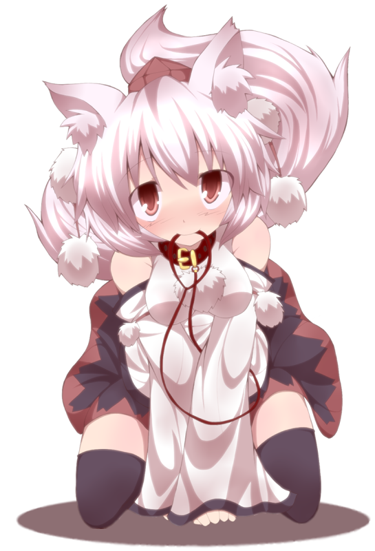 kuromiya, inubashiri momiji, touhou, silver hair, 1girl, animal ears, blush, breasts, detached sleeves, female focus, full body, hat, kneeling, leash, mouth hold, red eyes, short hair, simple background, solo, tail, thighhighs, tokin hat, white background, wolf ears, wolf tail