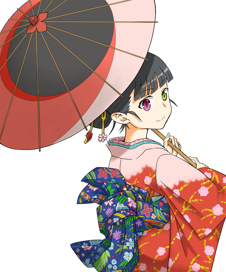 ishioto, sakamoto mio, strike witches, world witches series, 00s, 1girl, black hair, female focus, hair ornament, heterochromia, japanese clothes, kimono, looking back, oil-paper umbrella, ponytail, red eyes, simple background, solo, umbrella, white background, yellow eyes