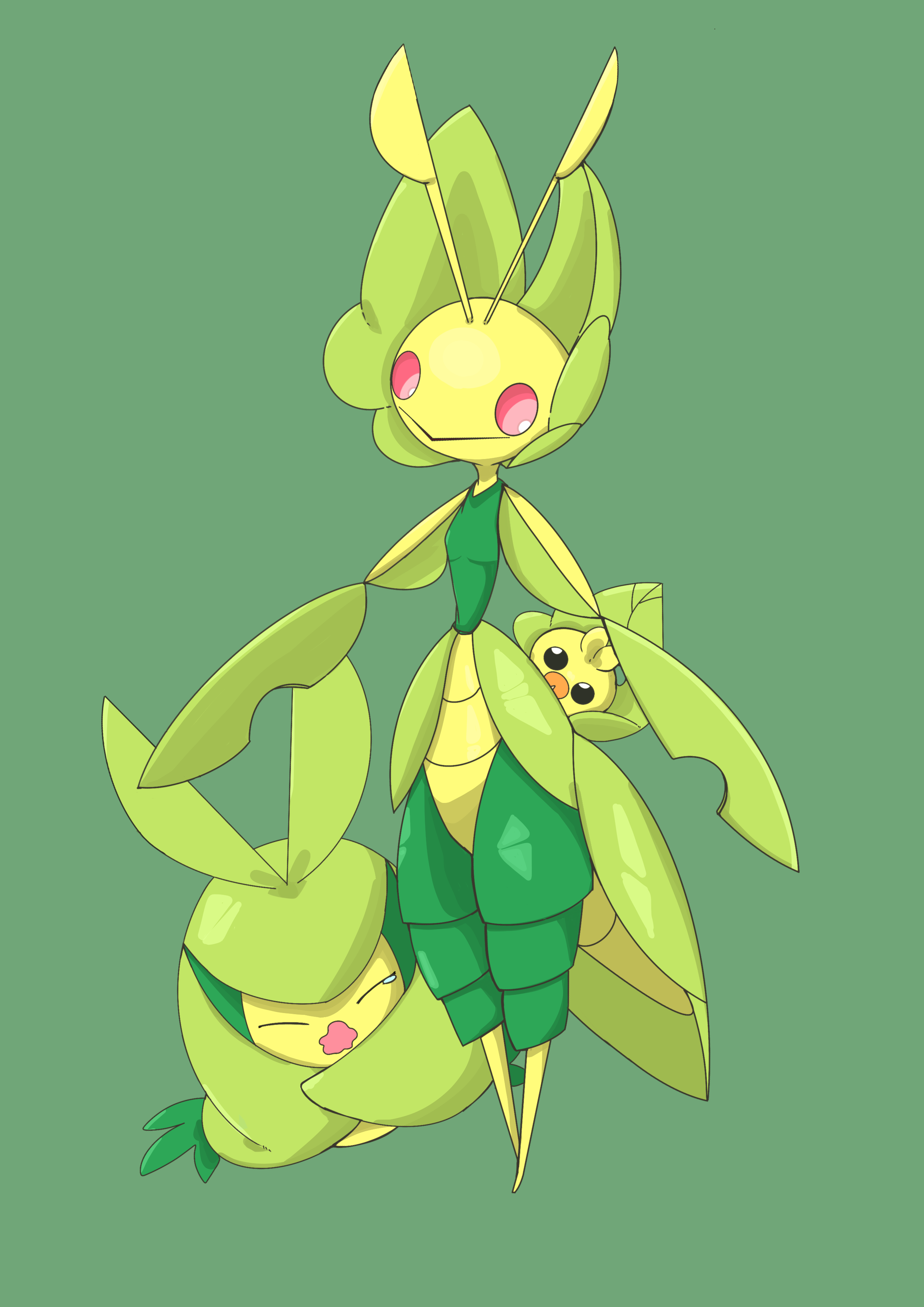 leavanny, sewaddle, swadloon, nintendo, pokemon, absurdres, highres, antennae, closed eyes, evolutionary line, gen 5 pokemon, green background, lonewolf 0471, no humans, pokemon (creature), red eyes, simple background