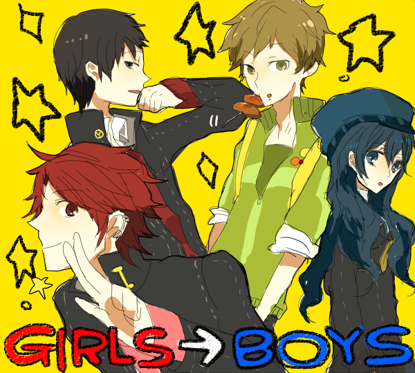 shigure wasa, ws (pixiv), amagi yukiko, kujikawa rise, satonaka chie, shirogane naoto, atlus, persona, persona 4, bad id, bad pixiv id, 4boys, androgynous, genderswap, genderswap (ftm), jacket, long hair, male focus, mouth hold, multiple boys, reverse trap, school uniform, trap