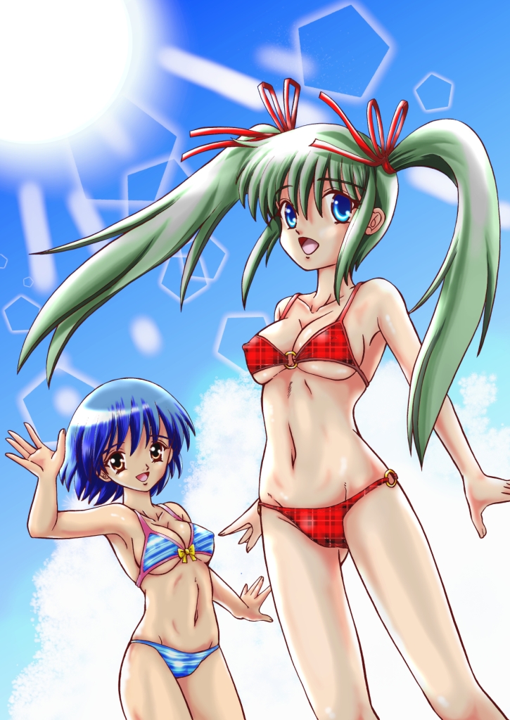 nagano shin'ya, plaid, 2girls, bikini, blue eyes, blue hair, brown eyes, green hair, lens flare, long hair, multiple girls, short hair, striped bikini, striped clothes, sun, swimsuit, twintails