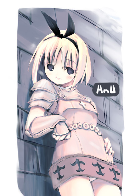 ganges gawa, knight (ragnarok online), ragnarok online, bad id, 1girl, armor, armored dress, black bow, black eyes, black hairband, blonde hair, blush, bow, bow hairband, closed mouth, cowboy shot, dress, gauntlets, hairband, looking at viewer, panties, pantyshot, pauldrons, short hair, shoulder armor, smile, solo, underwear, white panties
