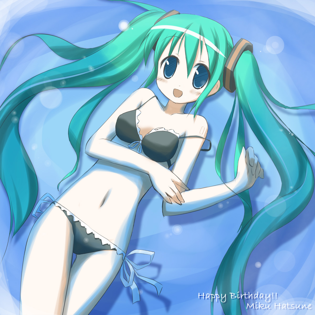 minidraco, hatsune miku, vocaloid, bad id, bad pixiv id, highres, bikini, green eyes, green hair, long hair, lying, side-tie bikini bottom, solo, strap slip, swimsuit, twintails