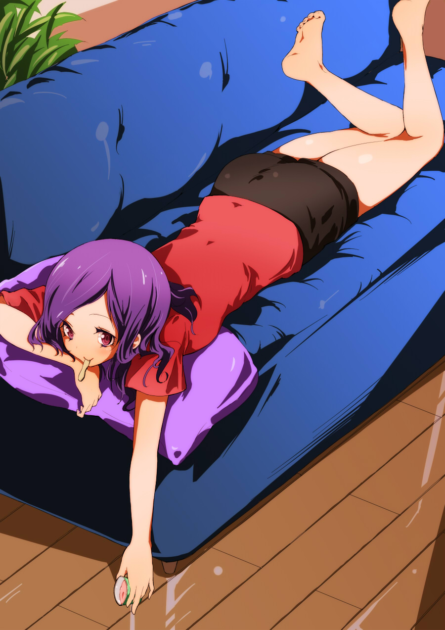 nishiuri warito, higashi setsuna, fresh precure!, precure, bad id, bad pixiv id, highres, 00s, 1girl, barefoot, blue upholstery, couch, eyelashes, feet, female focus, food, ice cream, legs, lying, mouth hold, on stomach, pillow, purple hair, smile, solo