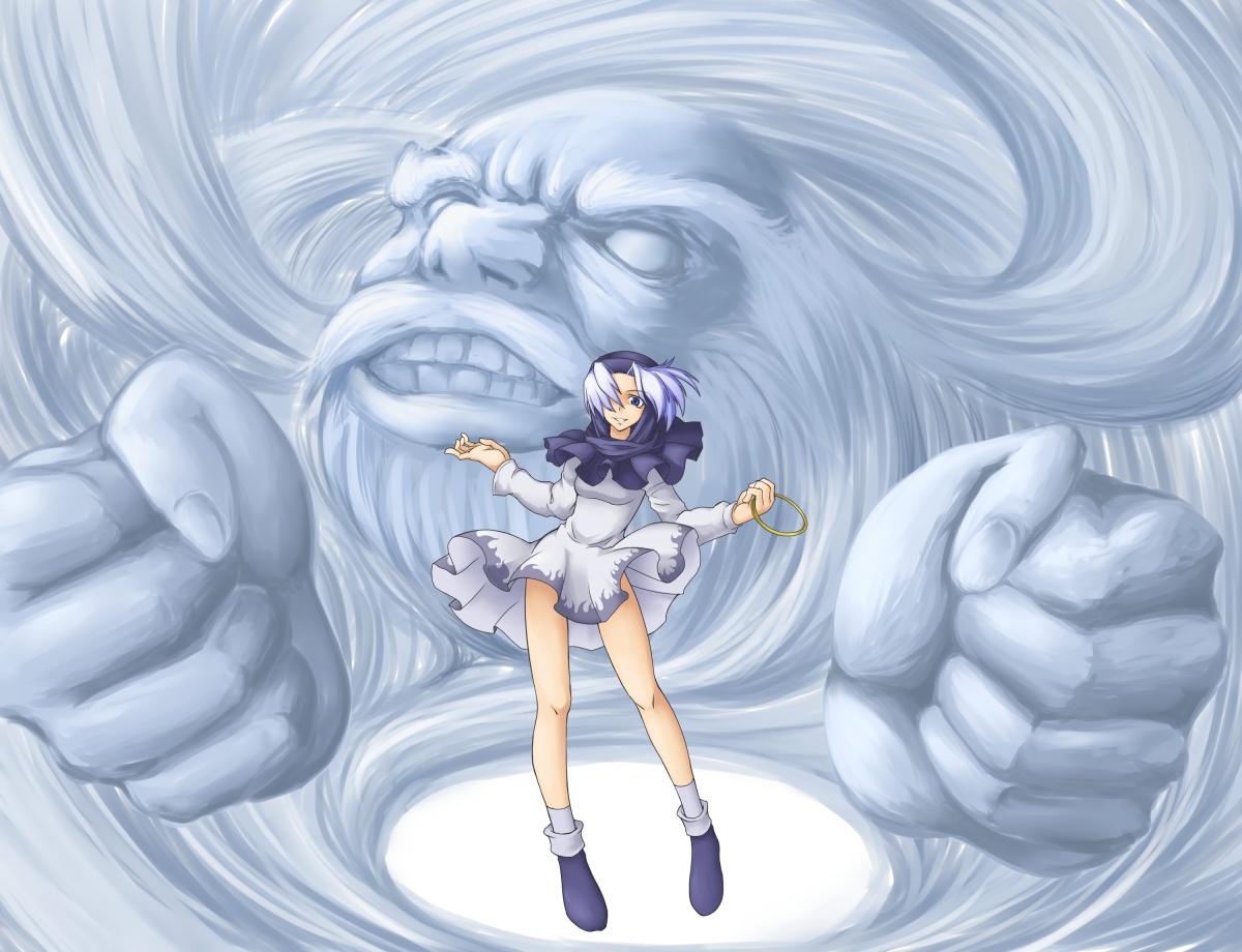 toritora, kumoi ichirin, unzan, touhou, light purple hair, 1boy, 1girl, blue eyes, bracelet, cloud, hood, jewelry, ring, short hair