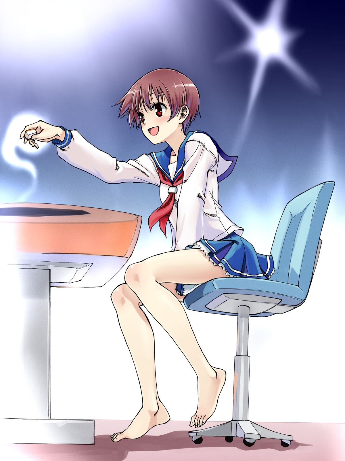 satou atsuki, miyanaga saki, saki (manga), highres, 00s, 1girl, barefoot, brown hair, chair, feet, female focus, full body, legs, neckerchief, open mouth, red eyes, red neckerchief, school uniform, serafuku, short hair, sitting, solo