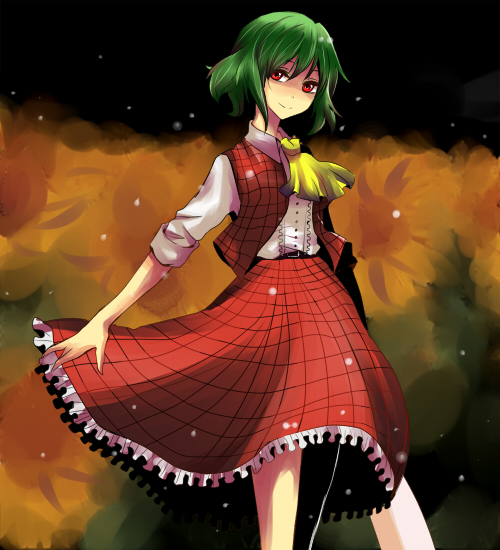 motimoti, kazami yuuka, touhou, bad id, bad pixiv id, 1girl, ascot, female focus, green hair, plaid clothes, plaid skirt, plaid vest, red eyes, shaded face, short hair, skirt, skirt set, smile, solo, umbrella, vest