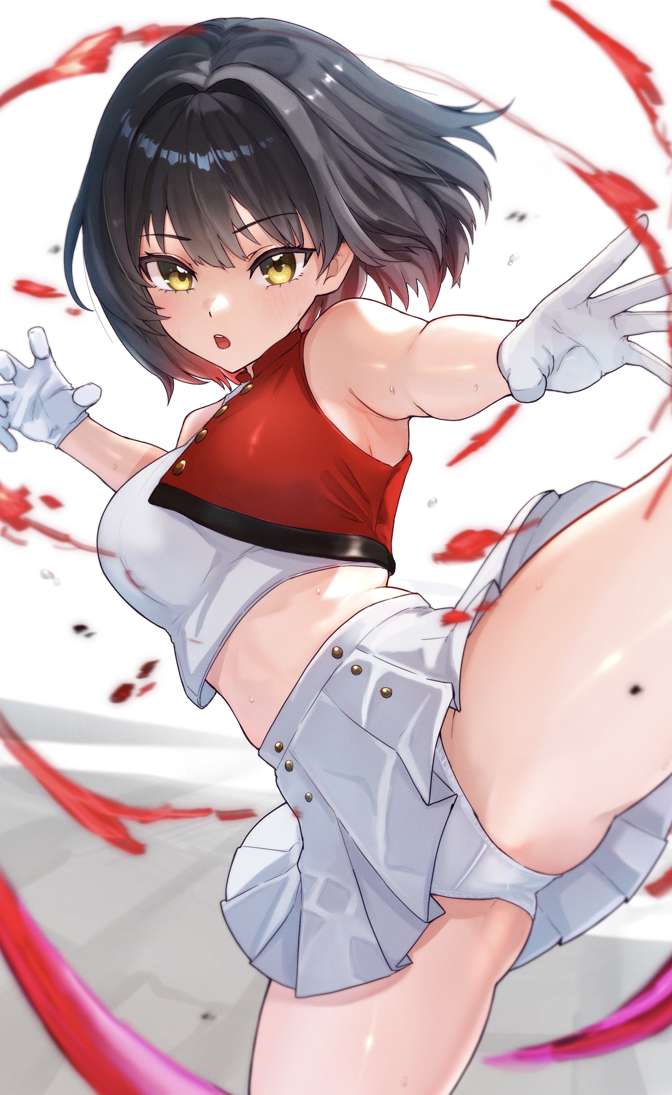 kunimoto rikuya, original, absurdres, commentary, commission, highres, skeb commission, 1girl, black hair, blood, breasts, cheerleader, crop top, gloves, leg up, looking at viewer, medium breasts, midriff, miniskirt, open mouth, panties, pantyshot, short hair, skirt, solo, underwear, white gloves, white panties, white skirt, yellow eyes